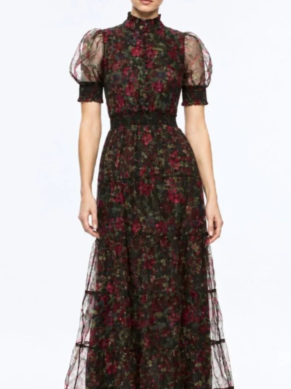 Alice + Olivia Coletta Red Black Silk Tulle Maxi Dress Cloud Floral Bordeaux - 8